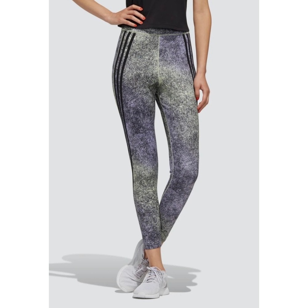 Adidas Climalite Womens Large Leggings Purple Lime Space Dye 3-Stripe Athletic